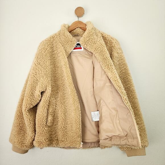Levi's Teddy Sherpa Fleece Full Zip Jacket Sesame Brown Tan Medium Cinched NEW - Picture 11 of 16